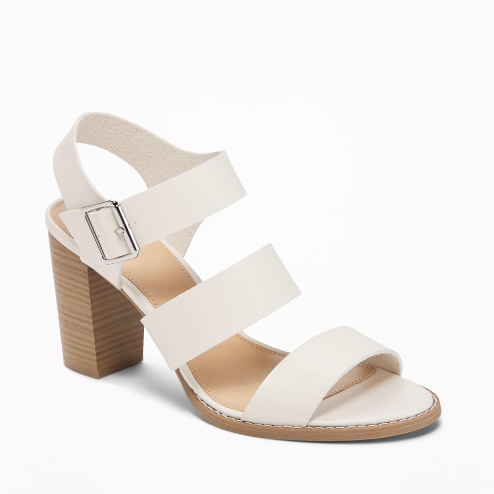 Women's White Three-strap Block-heel Sandals